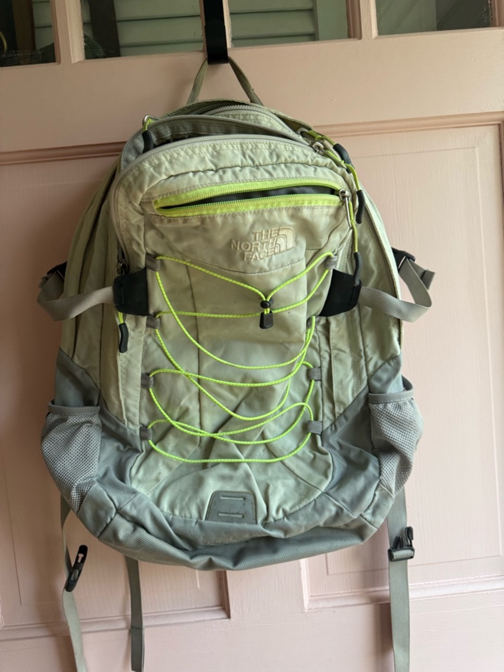 The North Face Sage Green Backpack with Neon Lime Accents